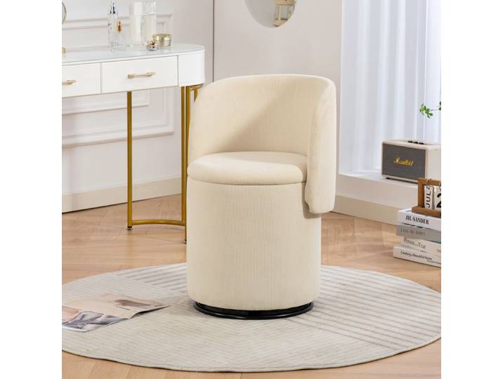 Fauteuil tonneau 48 x 52 x 75 cm - tabouret pivotant à 360° -pour coiffeuse + chambre - rangement intégré - Velours côtelé - Beige