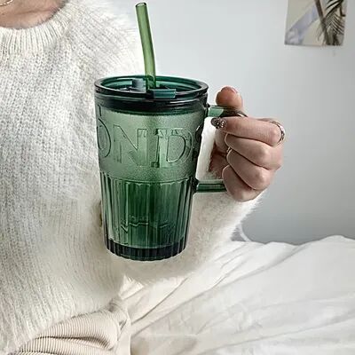 Uplifted Trends Retro Glass Tumbler With Lid And Straw Reusable Juice And Coffee Cup Transparent Green Glass Mug green