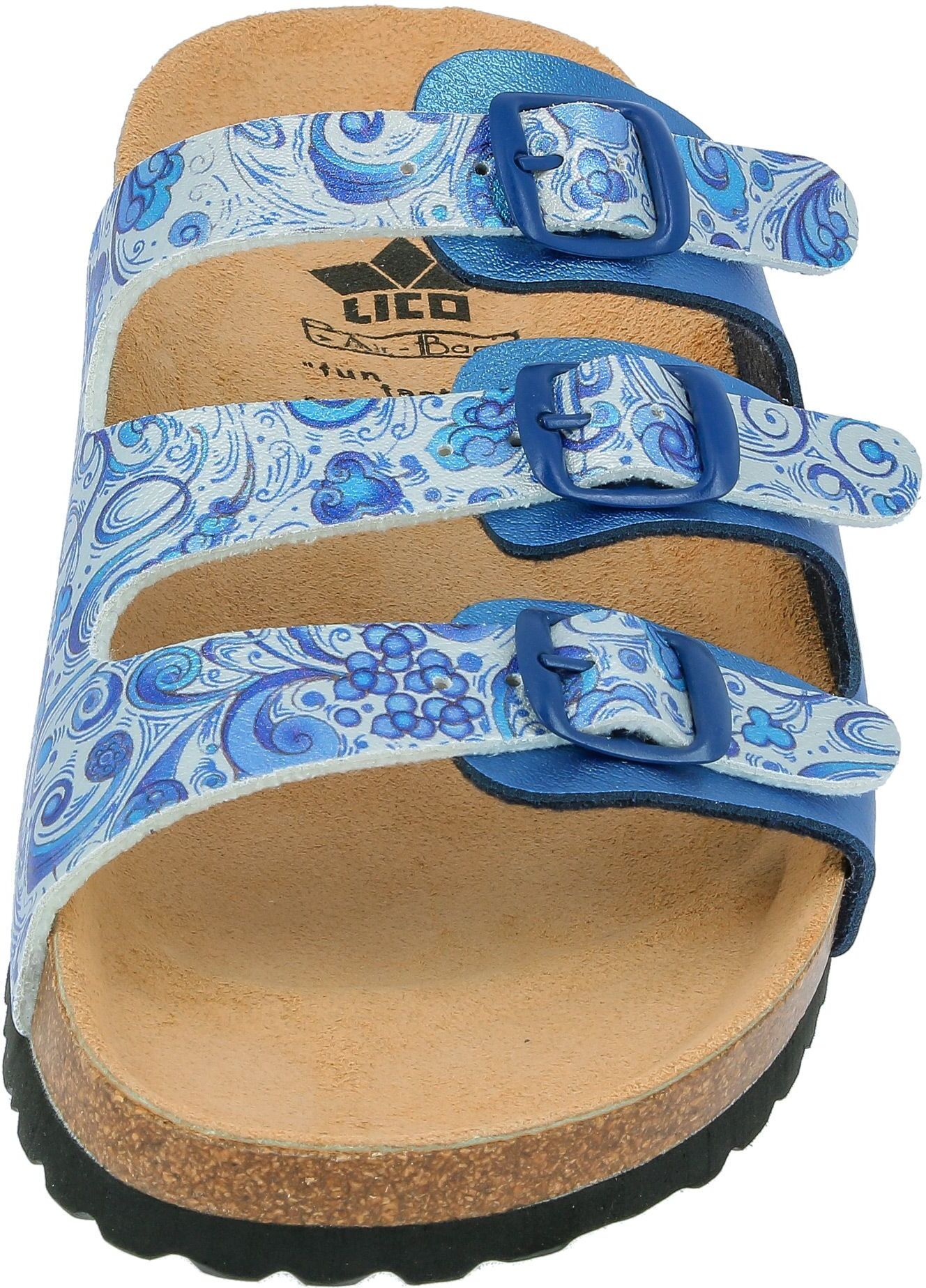 Pantolette LICO "Pantolette Bioline Flower", Damen, Gr. 36, blau, Synthetik, Schuhe Pantolette blau 36