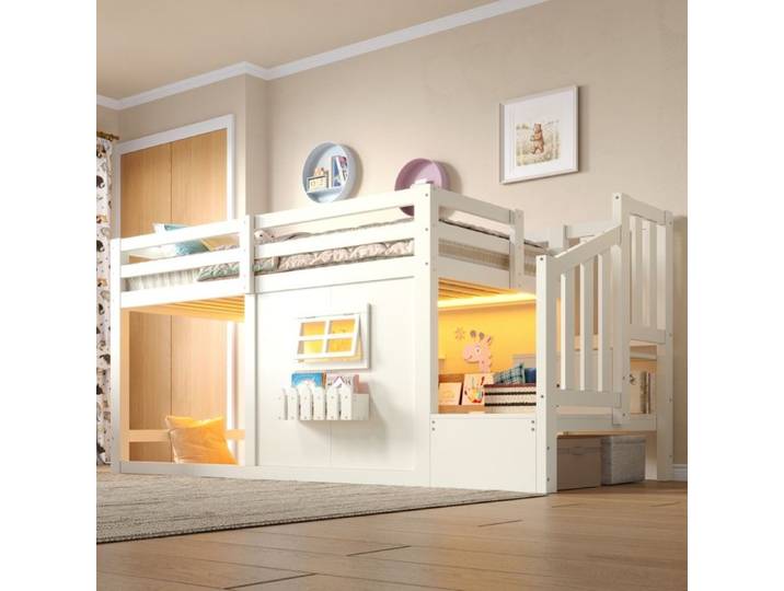 Lit mezzanine bois de pin échelle de rangement barre lumineuse LED Sans matelas Blanc 90 × 200 cm fenêtre