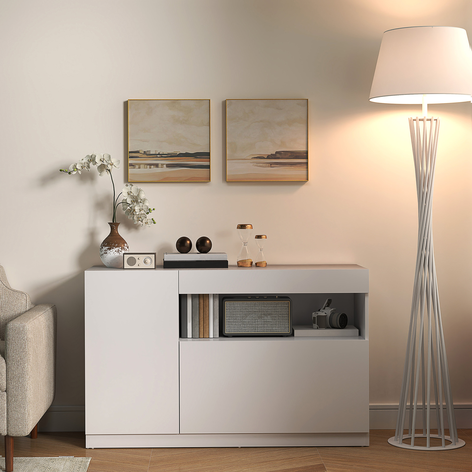 Homcom Credenza Moderna Bassa con Ante Ammortizzate e Apertura a Pressione, Ripiani Regolabili, Bianco