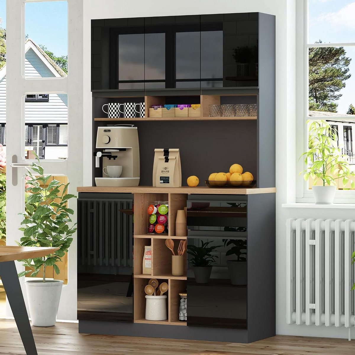 Keuken Hoge Kast Buffet Dressoir met Verstelbare Planken en Lades - Antraciet Hoogglans - H 185 x B 105 x D 45 cm