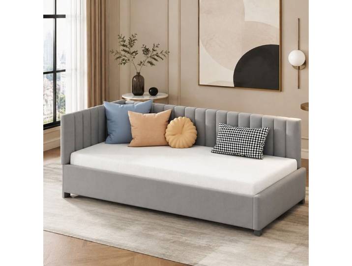 Polsterbett Sofabett 90x200 Gris - Design Mid-Century Modern Samtstoff Hautfreundlich Multifonction Convertissable Lit Lit