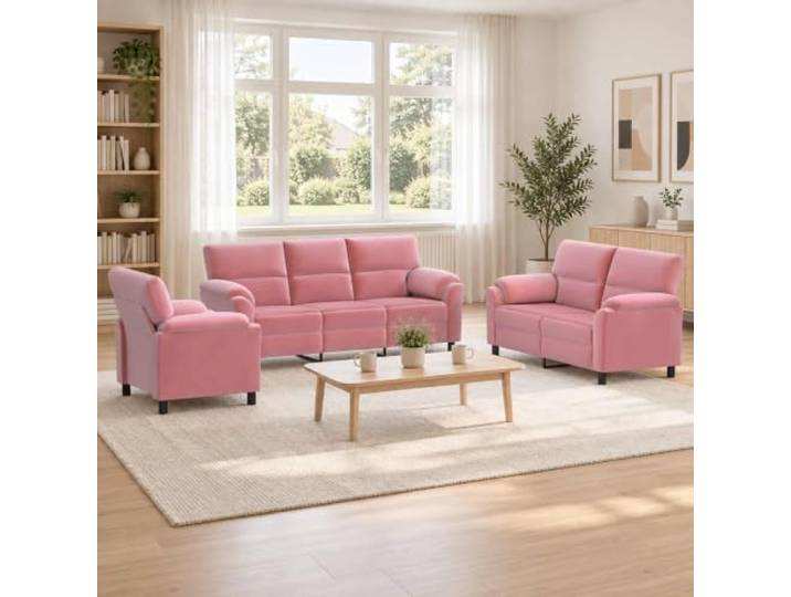 Sofa-Set 3 pcs Rosa Samt Metallrahmen,Kissenrücken,konische Beine,Samtoberfläche,Wohnzimmer