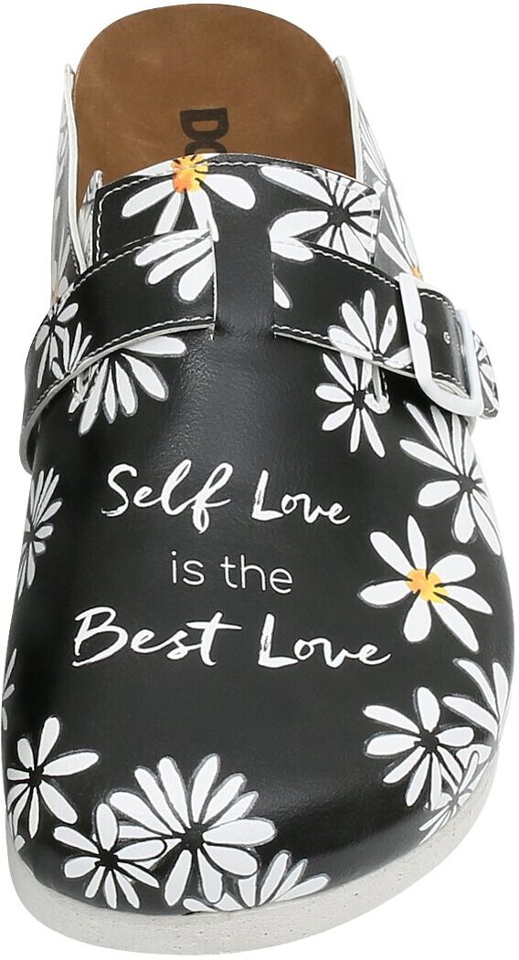 Hausschuh DOGO "Comfie Pantoletten Hausschuhe Self Love Is The Best Love Damen", Damen, Gr. 38, Normalschaft, schwarz, Lederimitat, Schuhe Hausschuh, Handgefertigt