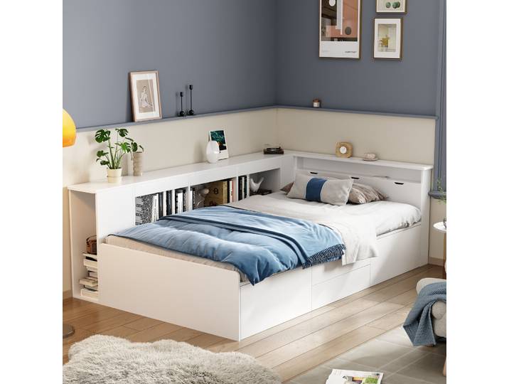 Lit simple multifonctionnel pour enfants KOMHTOM 90x200cm avec tiroirs, bibliothèque, placard et coffre de rangement