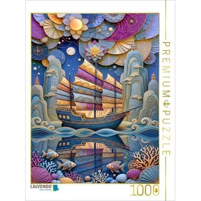 CALVENDO Puzzle Dschunke und Felsen - farbenfrohe Collage | 1000 Teile Lege-Größe 64x48cm Foto-Puzzle für glückliche Stunden
