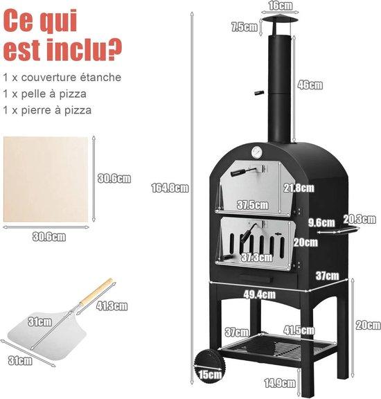 Holzkohle-Grill - Außen-Pizzaofen mit Pizzastab, Pizzastein, wasserdichtem Abdeckglas, Schornstein und Doppelthermometer, schwarz, groß