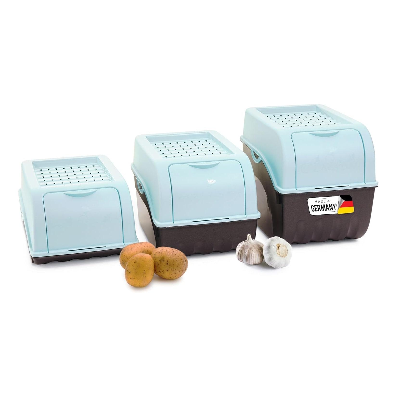 Kartoffel Aufbewahrungsboxen Set 3,5L + 5L + 9L TÜRKIS Kartoffelboxen Gemüseboxen stapelbar Zwiebelboxen Kartoffelkörbe Obstbehälter Kartoffelkisten Frischhaltedosen