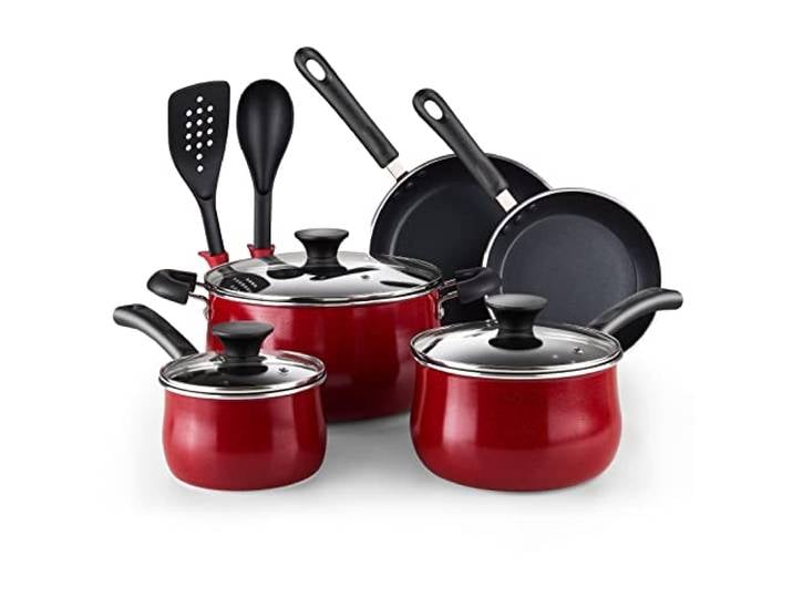 Cook N Home Töpfe und Pfannen Antihaft-Kochgeschirr-Set, 10-teilig, Bauchform, Küchen-Kochset mit Bratpfannen und Töpfen, Induktionskompatibel, Marmorrot