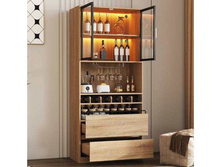 Vitrine - LANGTU - 80 x 40 x 180 cm - Portes vitrées - Éclairage LED 3 couleurs - MDF aspect bois