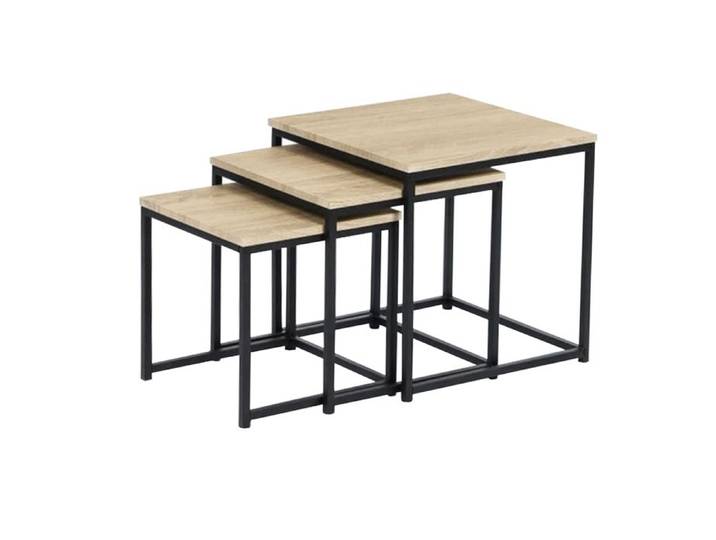 Table basse - JUANIO - Set de 3 tables - Carré - Plateau bois naturel - Pieds métal noir
