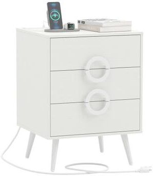 Costway Nightstand with Power Outlets and 3 Drawers Modern Bedside Table with Cable Hole-White