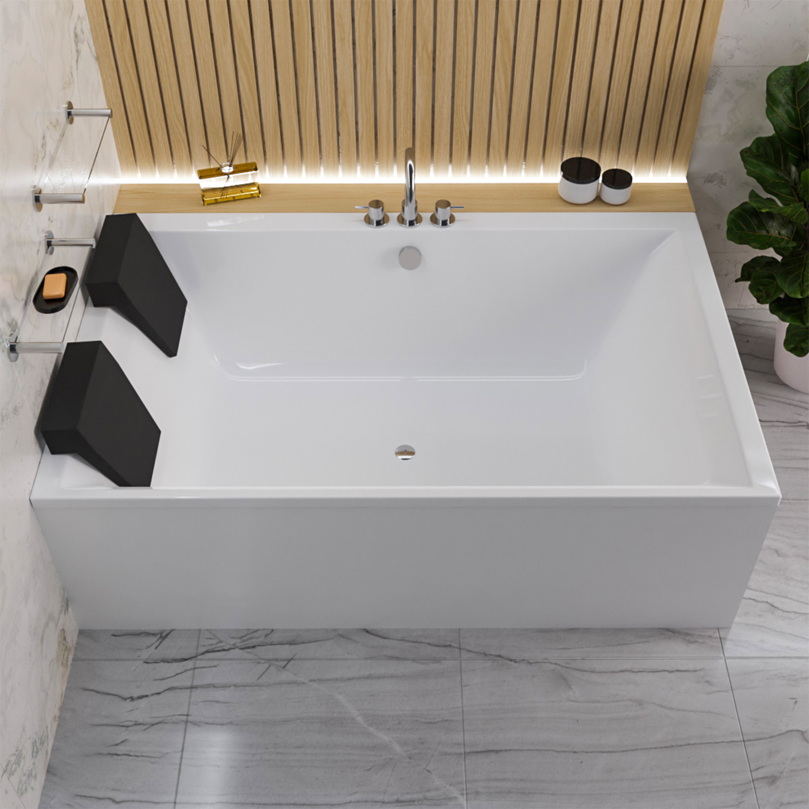 ECOLAM Badewanne Crown 190x120 cm Duobadwanne für zwei Personen + Schürze 2 x Kopfstütze schwarz Füße Ablauf Acrylwanne Zweisitzerwanne