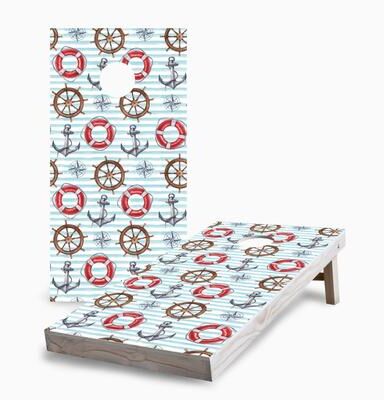 Skip's Garage Nautical Stripe Pattern Corn Hole Board Set with Hole Lights
