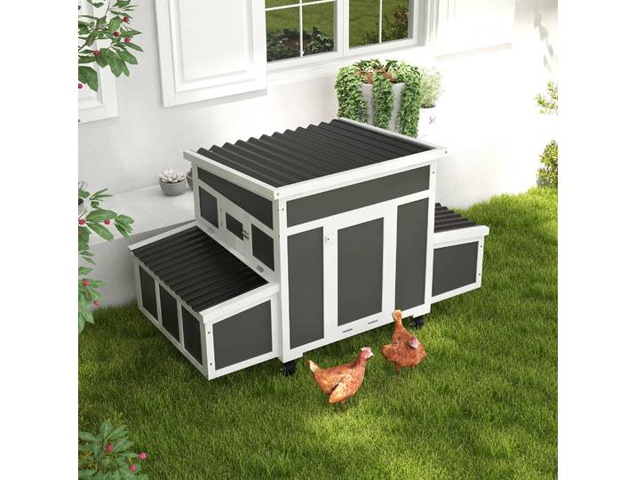 PawHut Poulailler Bois 1-6 Poules Nichoirs Bac Extractible Gris