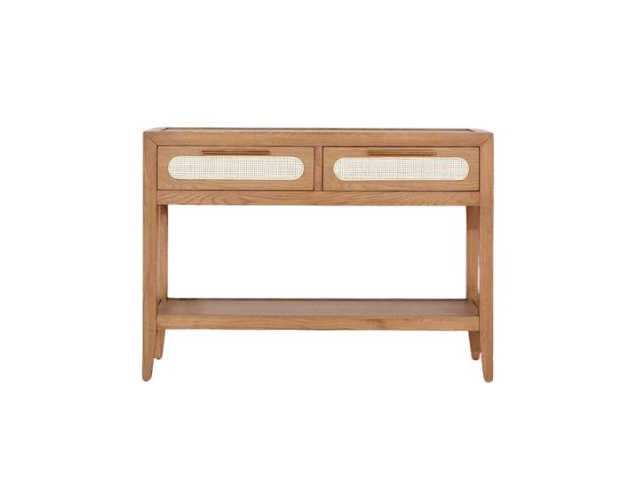 Console style contemporain, plateau en chêne, 2 tiroirs en marron