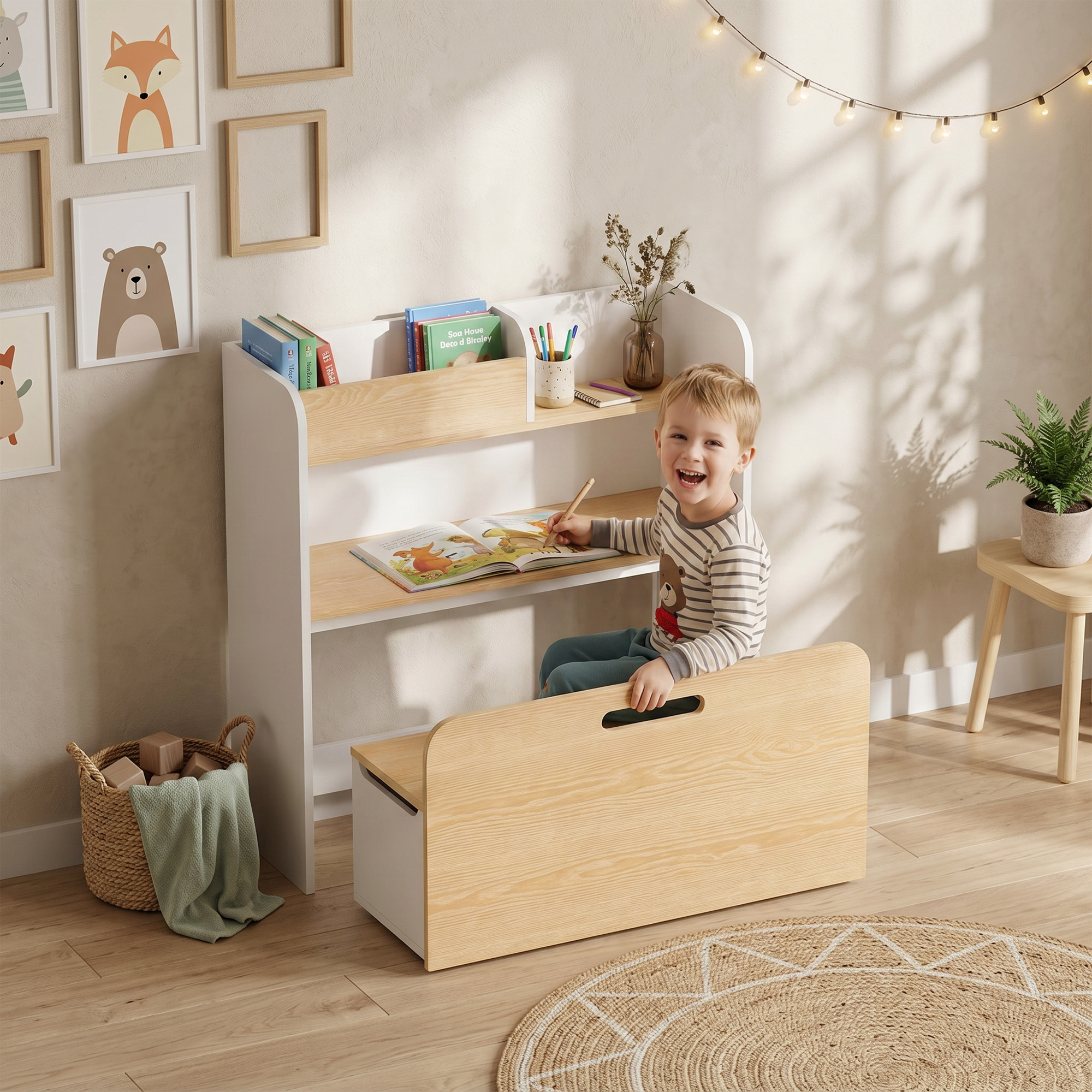 Aiyaplay Tavolo 5 in 1 per bambini con panca contenitore e scaffale, 3-8 anni   Aosom Italy