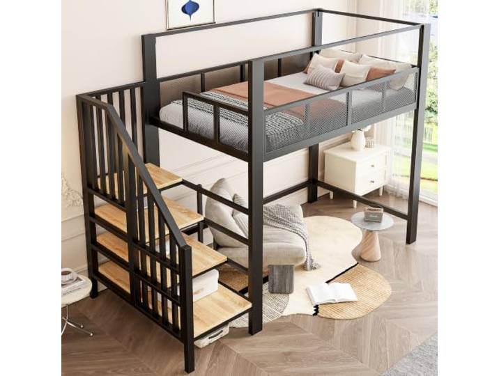DUlVBPE Metall-Hochbett 90×200 cm mit Baldachin, Sicherheitstreppe, Arbeitsfläche unter dem Bett, Stauraumstufen, Einzel-Hochbett fürs Schlafzimmer, Schwarz