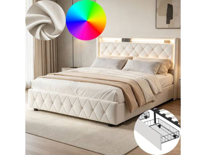 Lit 160x200 cm DRELYGWEA LED cadre de lit adulte 160x200 lit double 160x200 tissu velours beige