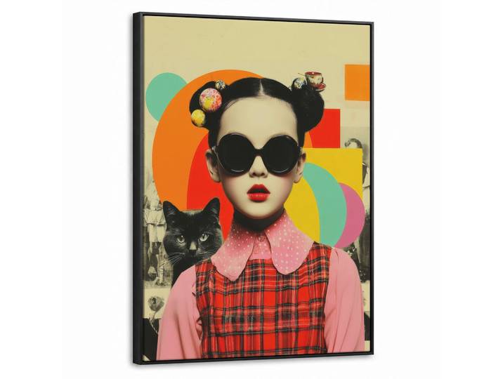 MuchoWow Leinwand Bilder mit Rahmen - Mädchen - Sonnenbrille - Katze - Retro - 50x70, Beige, Rechteckig, 50x70 cm, gerahmt, Bilder & Rahmen, Bilder, Leinwandbilder