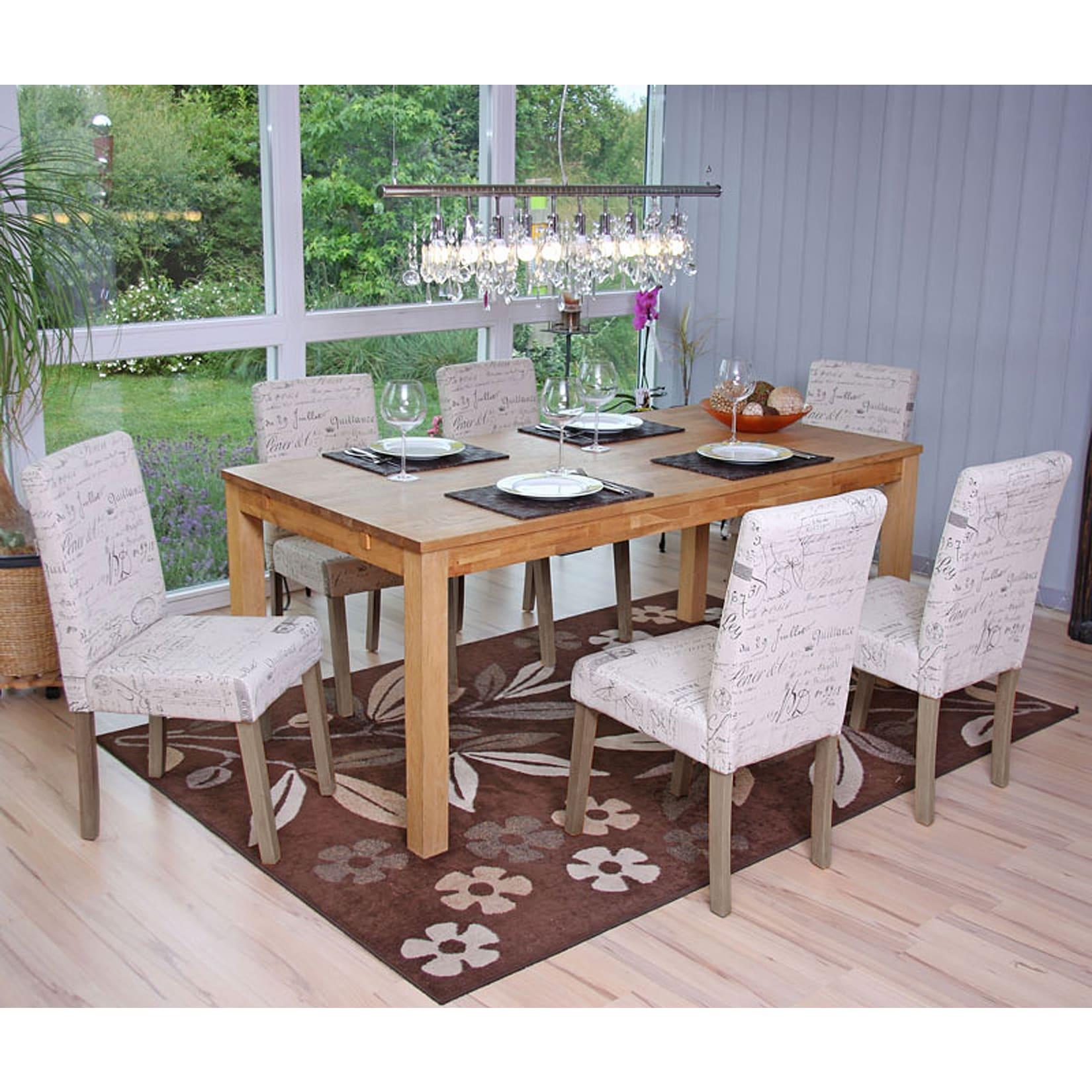 6er-Set Esszimmerstuhl Littau, Stuhl Küchenstuhl ~ Textil mit Schriftzug, creme, Beine Struktur - Eiche