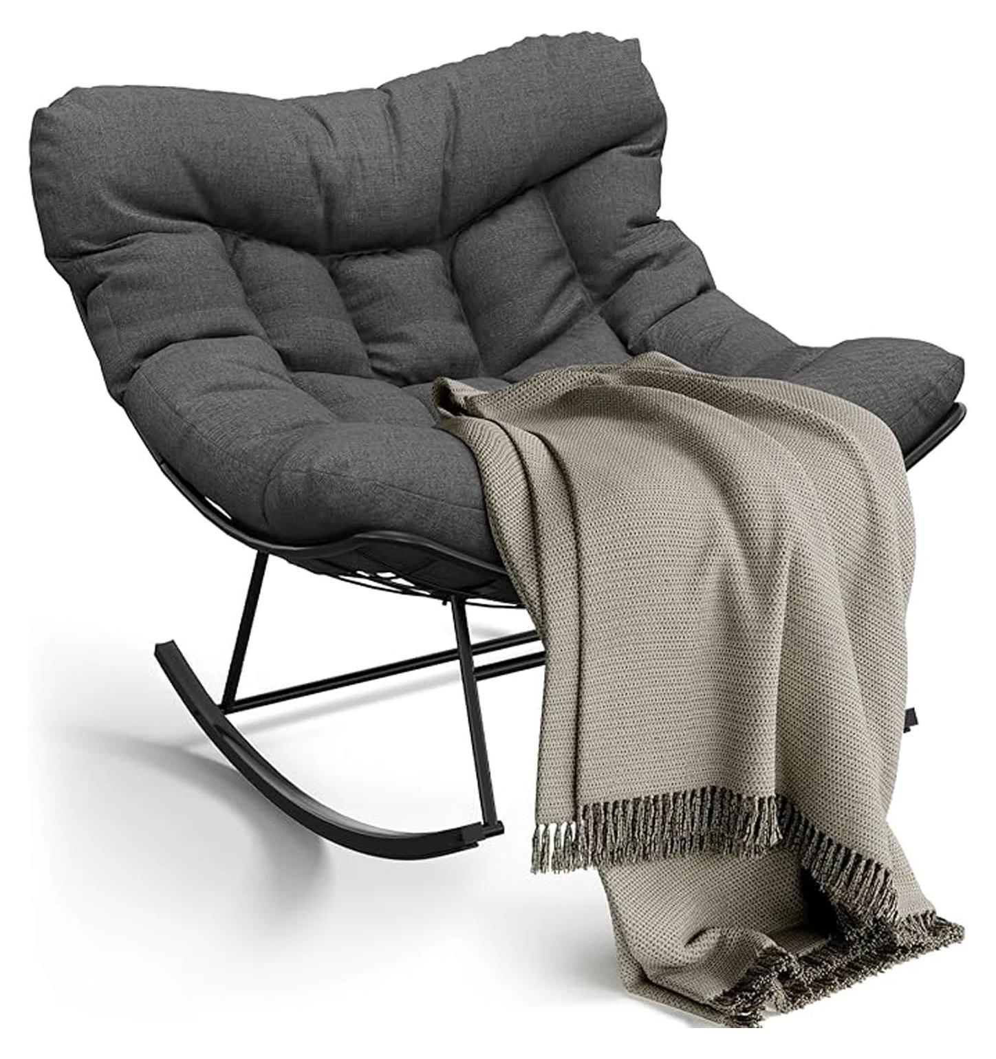 Großer Outdoor Ei-Sessel - Schaukelstuhl Gartensessel - Handgeflochtenes Rattan - Stabiler Metallrahmen - Schnell trocknendes Kissen - Wetterfest - Grau