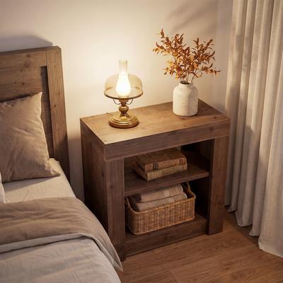YUZHOU 24'' Solid Wood Farmhouse Nightstand, Multi-Functional Side Table with Open Storage Shelves