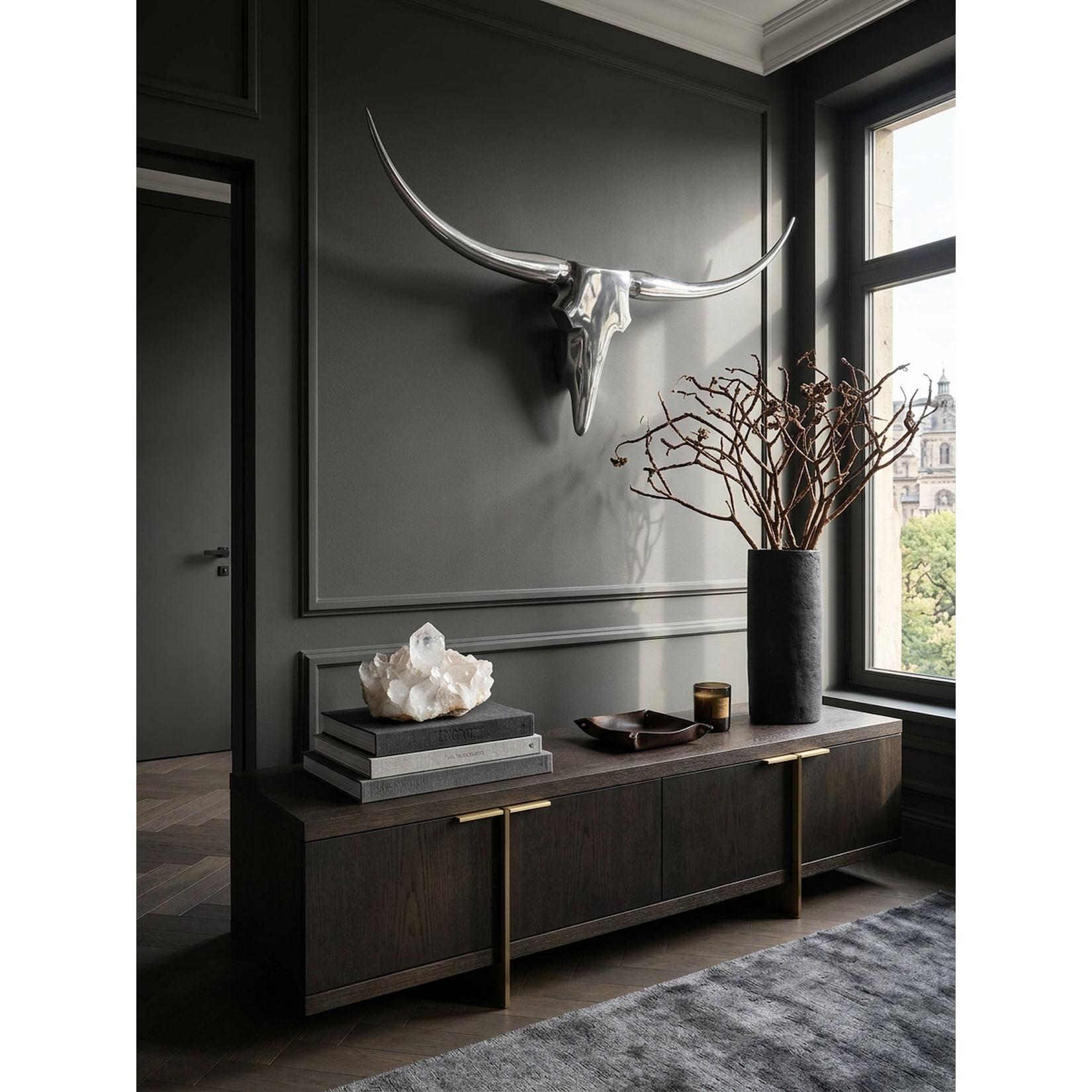 Wanddeko Geweih Bull Aluminium 74 cm breit, Silbern 74x5x35 cm