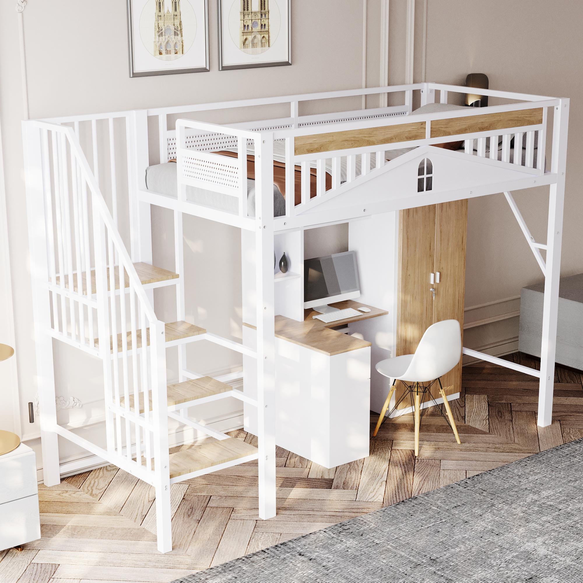 Flieks Etagenbett 90x200cm mit Treppe, Hochbett mit Rausfallschutz, Kinderbett mit Lattenrost, Metallbett Einzelbett Stockbett, Weiß