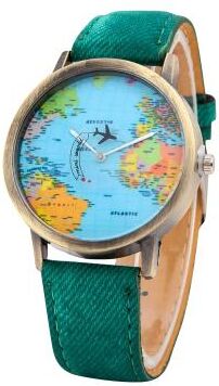 ModernMart World Map Denim Strap Watch Casual Quartz Travel Wristwatch For Men And Women green