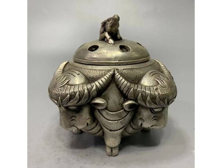 Brûleur d'encens en cuivre blanc de Chine, statue artisanale, tête de vache archaize