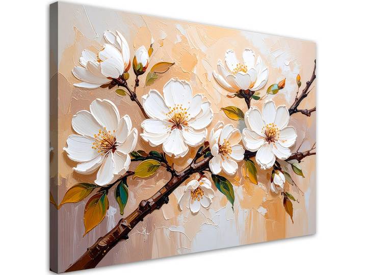 Feeby Leinwandbild Cremefarbene Blumen in Ölfarbe 90x60cm, Beige, Baum/Pflanze/Natur, Rechteckig, 90x60 cm, Bilder & Rahmen, Bilder, Leinwandbilder