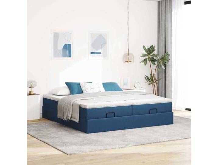 KTHLBRH Doppelbett Blau 180 x 200 cm mit hydraulischem Anheben 2 Einzelne Matratzen, Taschenfederkernmatratzen, Unterbettkommode, Polyestergewebe