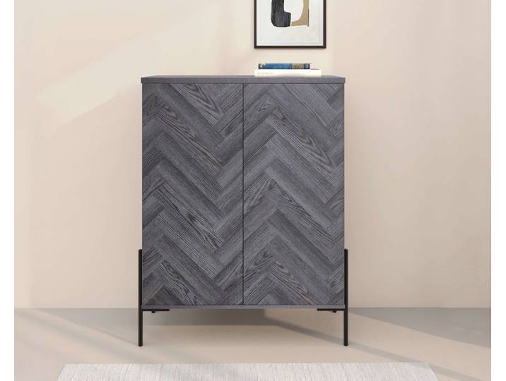 Highboard GOODPRODUCT Eadwine , grau (grau eiche), B:90cm H:120cm T:38cm, MDF, Sideboards, Highboard, Kommode, Midischrank, Push-to-open, Türen mit Fischgräten Muster