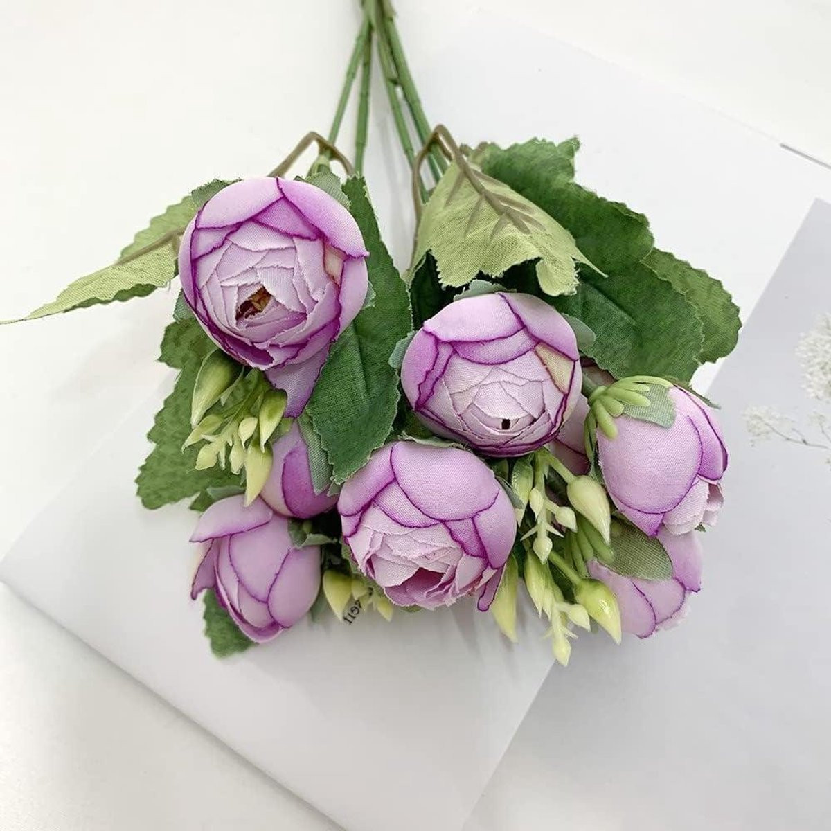 Paars Kunstbloemen Pioenroos Boeket van Zijde - 31 cm Lengte