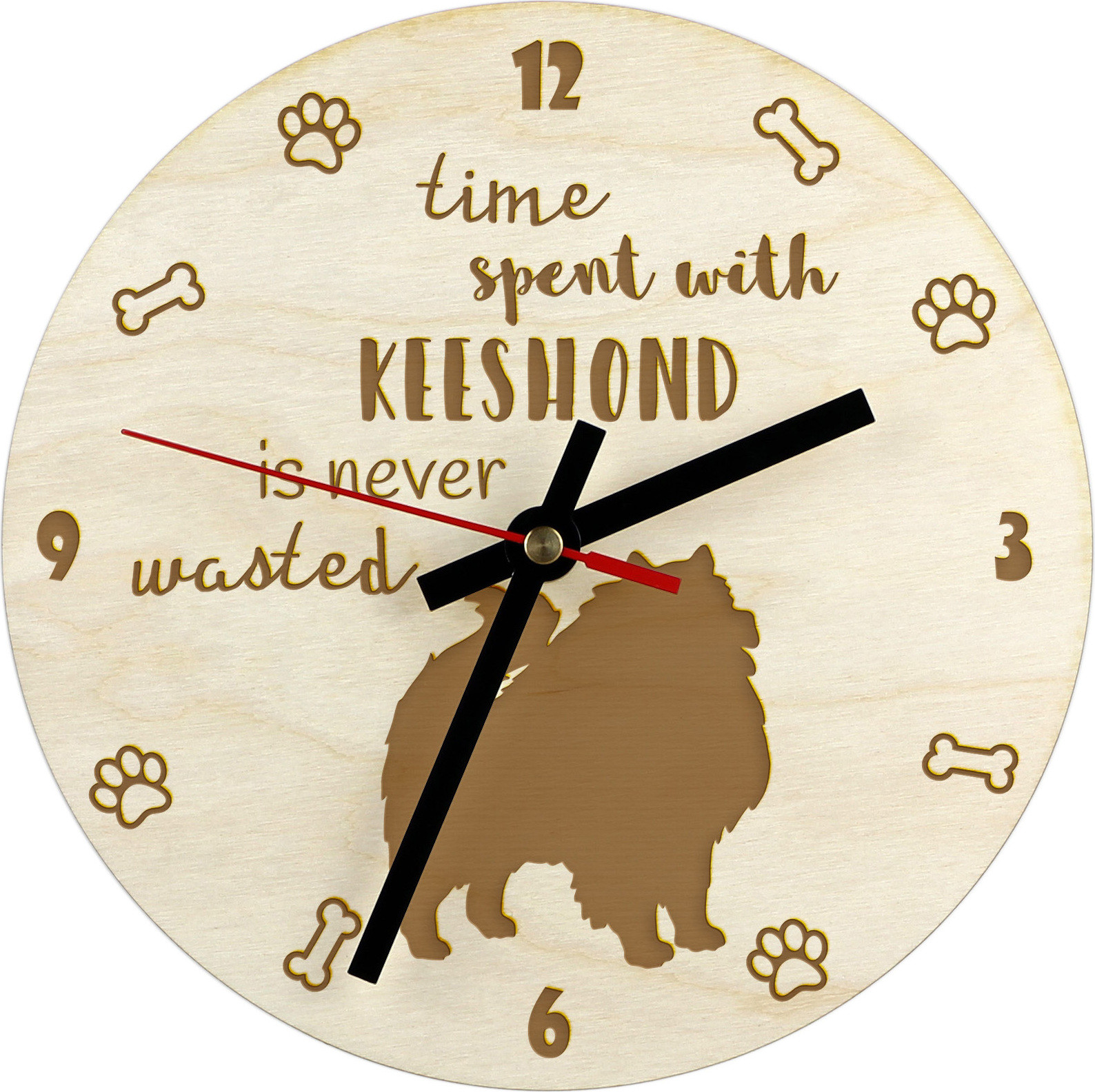 Art-Dog Gepersonaliseerde Houten Wandklok met Gravure Keeshond I - Analoog