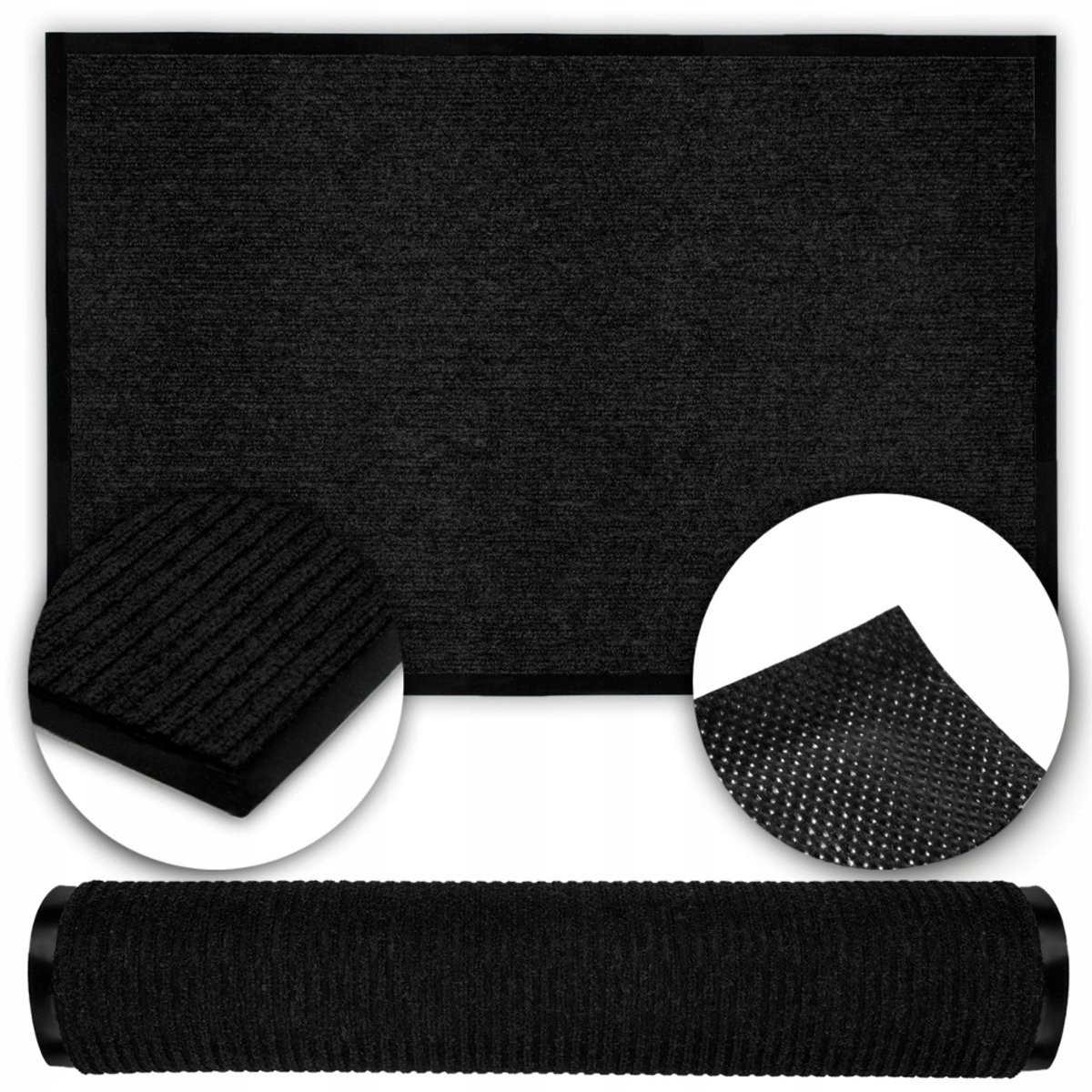 Merkloze zwarte deurmat van rubber en textiel met anti-slip eigenschappen, B/D: 90 x 60 cm