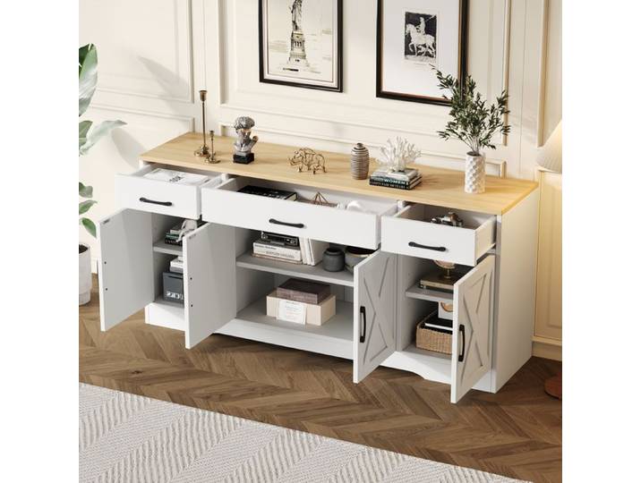 Buffet blanc et bois enfilade scandinave 160 cm avec 3 tiroirs et 4 portes