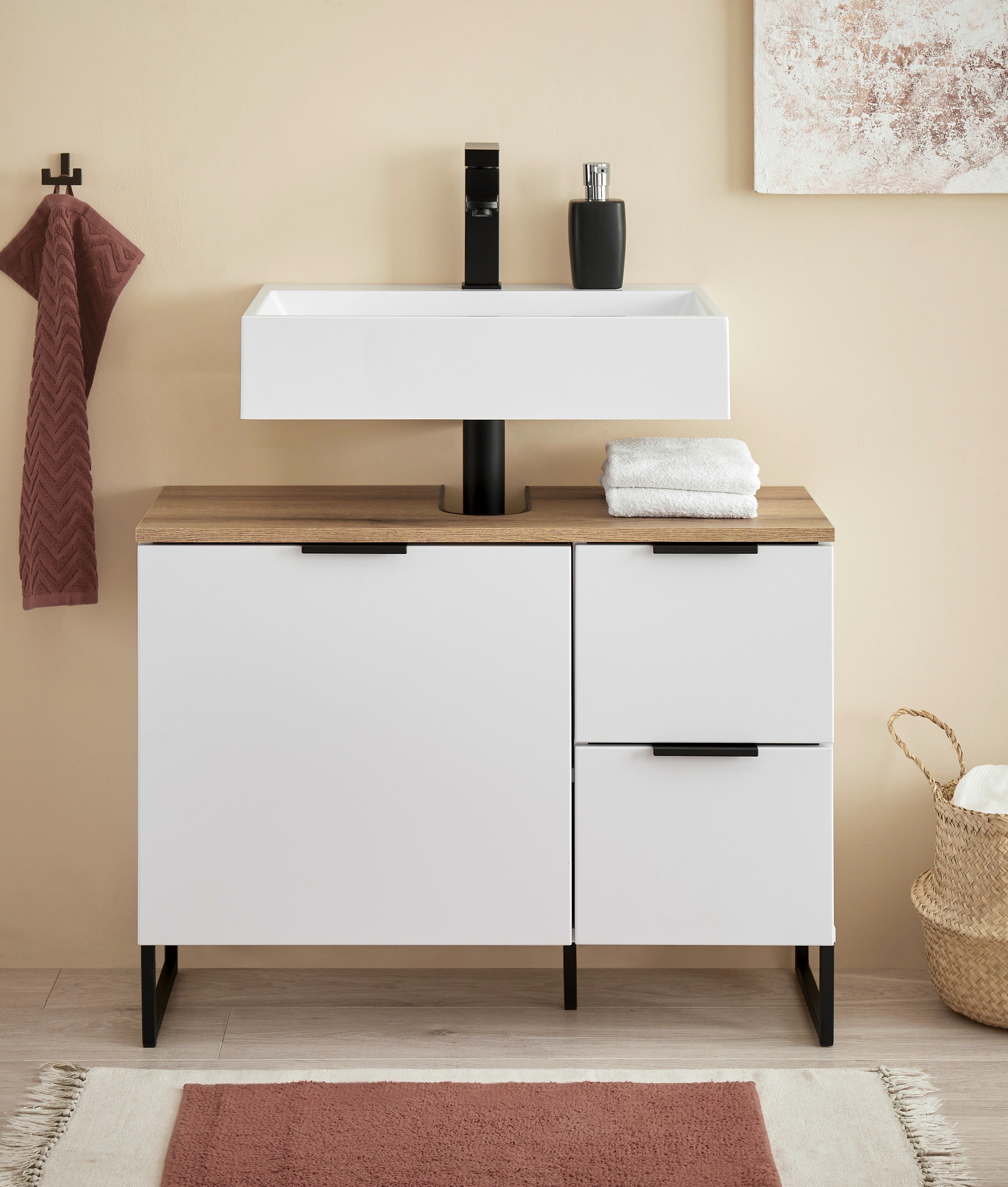 Waschbeckenunterschrank BASIC BY BALCULINA "Denver Waschbeckenunterschrank, Badezimmerschrank BxHxT 80x60x35", weiss (weiß matt), B:80cm H:60cm T:35cm, FSC-zertifizierter Holzwerkstoff, Schränke, Waschbeckenunterschrank, Breite 80 cm, Tür L/R montierbar, 