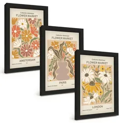 BILDER SET 3er Set - 20x30 cm Schwarzer Rahmen - Blumenmuster Amsterdam Paris London
