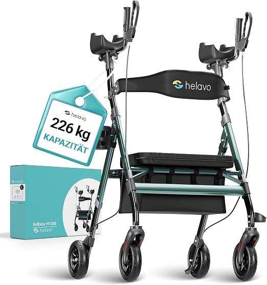 Schwerlastrollator mit Unterarmstützen bis 226 kg belastbar - Extra breiter Arthritis Rollator mit Armauflagen - Geländegängiger Rollator mit pannensicheren Vollgummireifen & Sitz - Heavy