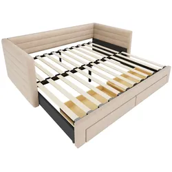 MODFU Polsterbett Baumwolle-Leinen Beige 90x190 cm, ausziehbar auf 180x190 cm, mit 2 Schubladen