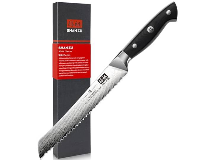 SHAN ZU Brotmesser Damast Wellenschliff 20 cm Damaskus Küchenmesser Edelstahl Extra Scharfe, Ergonomischer G10 Griff mit Geschenkbox