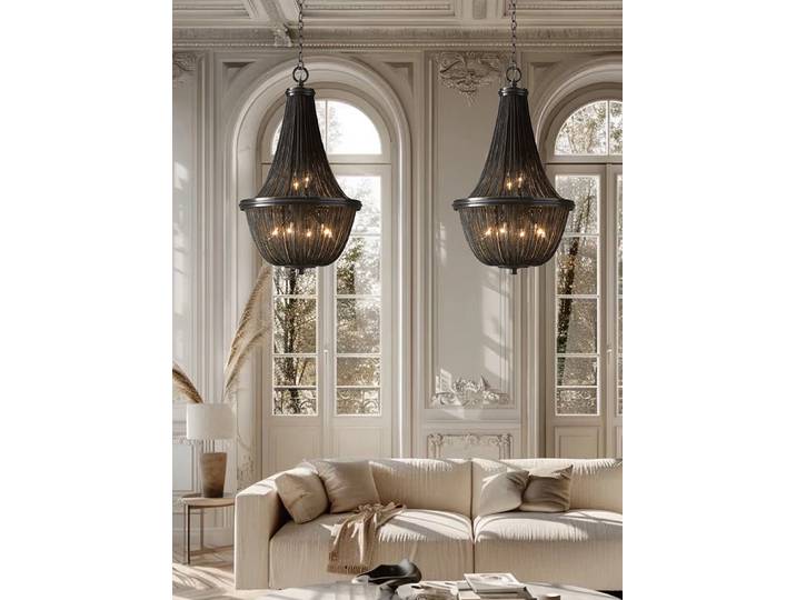 Lampe suspendue néoclassique avec pompon en métal noir, lustre de plafond haut, luminaires suspendus modernes pour escaliers, Lustre de salon