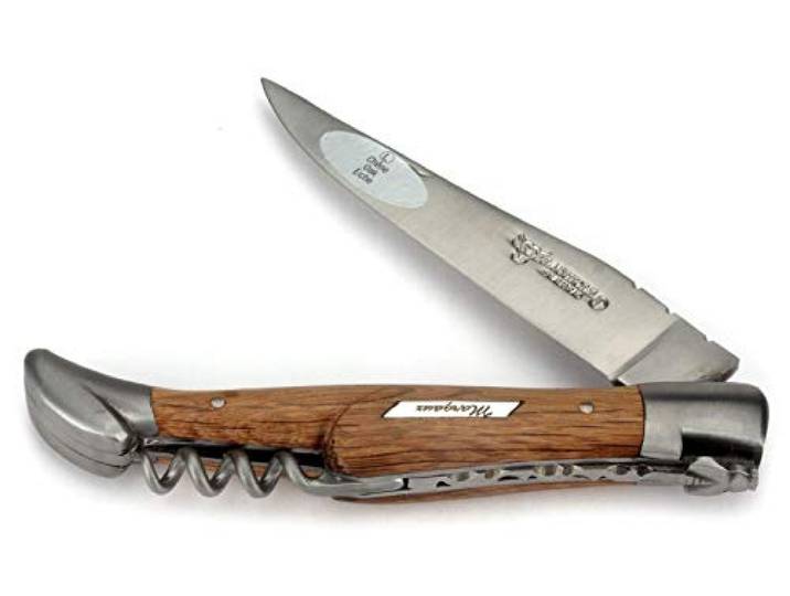 Laguiole en Aubrac Taschenmesser - Sondermodell Grand Cru Margaux - Einlegearbeit echt Silber - 12 cm Griff Weinfass Eiche - Korkenzieher - Klinge 10 cm matt - Backen matt