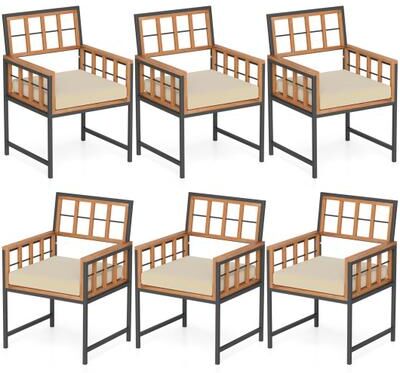 Costway Set of 6 Patio Dining Chairs Acacia Wood Armchairs with Cushions
