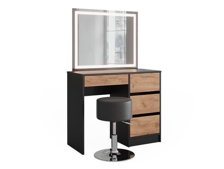 Coiffeuse avec miroir led et tabouret anthracite/chêne doré 90x140cm