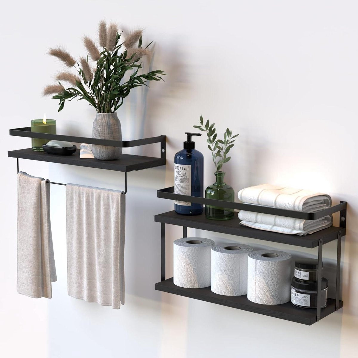 Set van 2 Zwarte Zwevende Wandplanken met Handdoekhouder voor Badkamer en Keuken