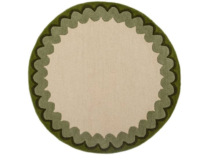 Tapis rond en laine beige à bordure vert olive 160x160cm